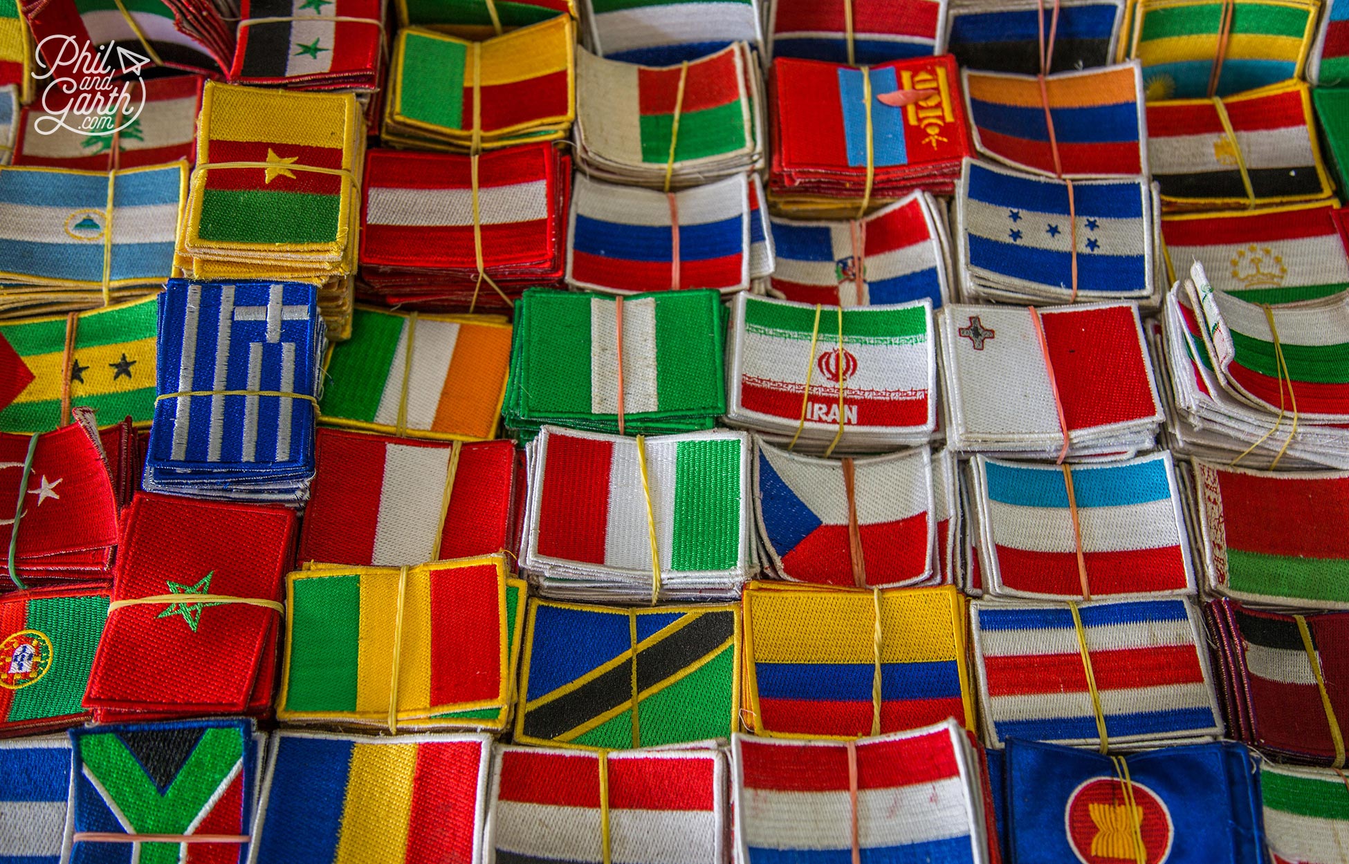 Flag patches from around the world on sale in Cambodia