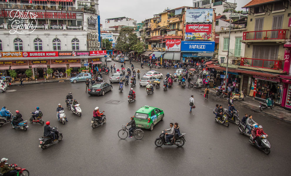 Crazy traffic at the Hoan Kiem Roundabout