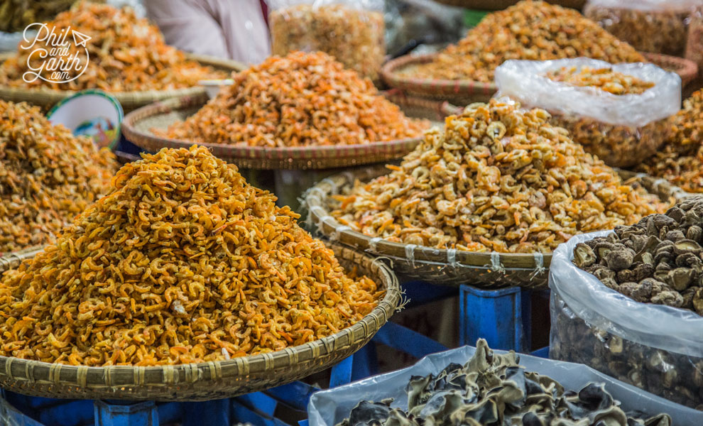 Baskets of dried shrimp, the staple ingredient in many Vietnamese dishes