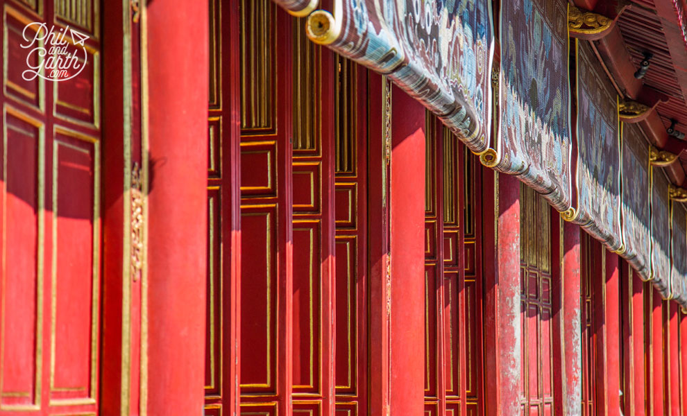 Bright red doors of The Mieu Temple