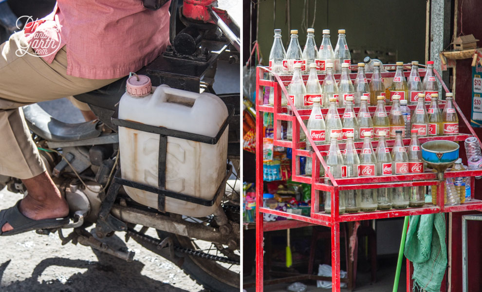 A typical petrol station - bottles of fuel!