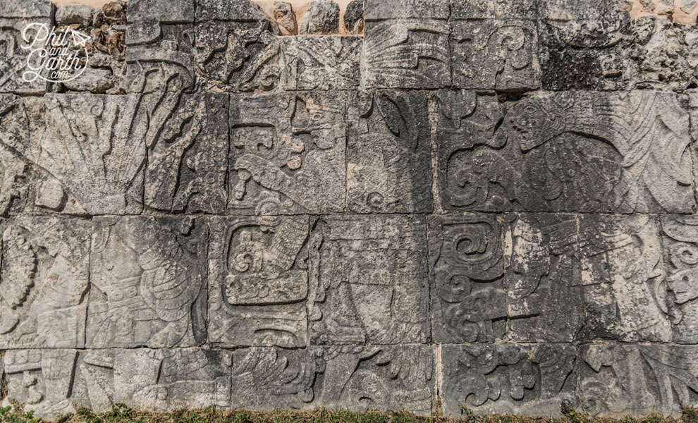 Mayan hieroglyphics along the benches of the Great Ballcourt