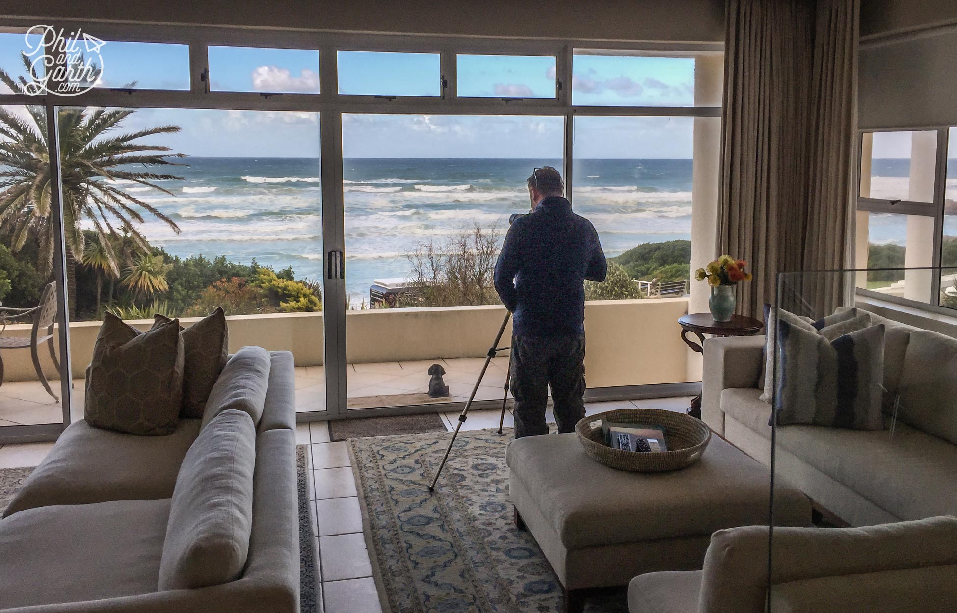 Hows this for a view! Garth spotting whales through a monocular at our hotel