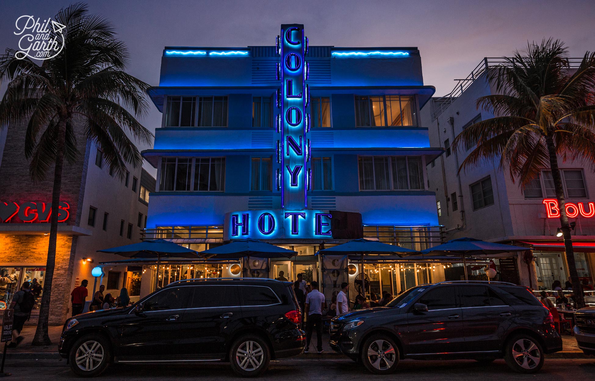 The Colony Hotel - the electric blue lighting makes it one of the most photographed hotel at night