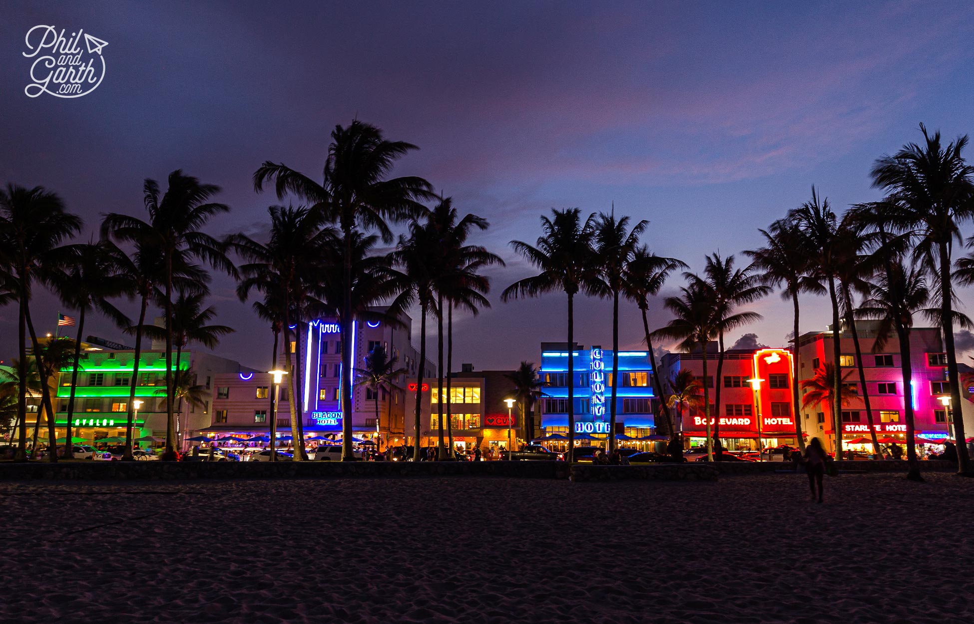 Ocean Drive at night seen from the beach