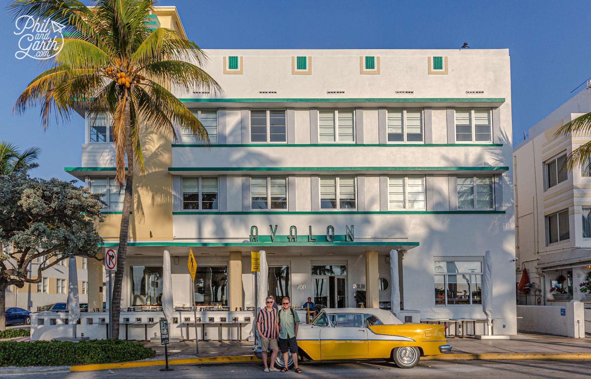 Phil and Garth outside the fabulous art deco Avalon hotel on Ocean Drive