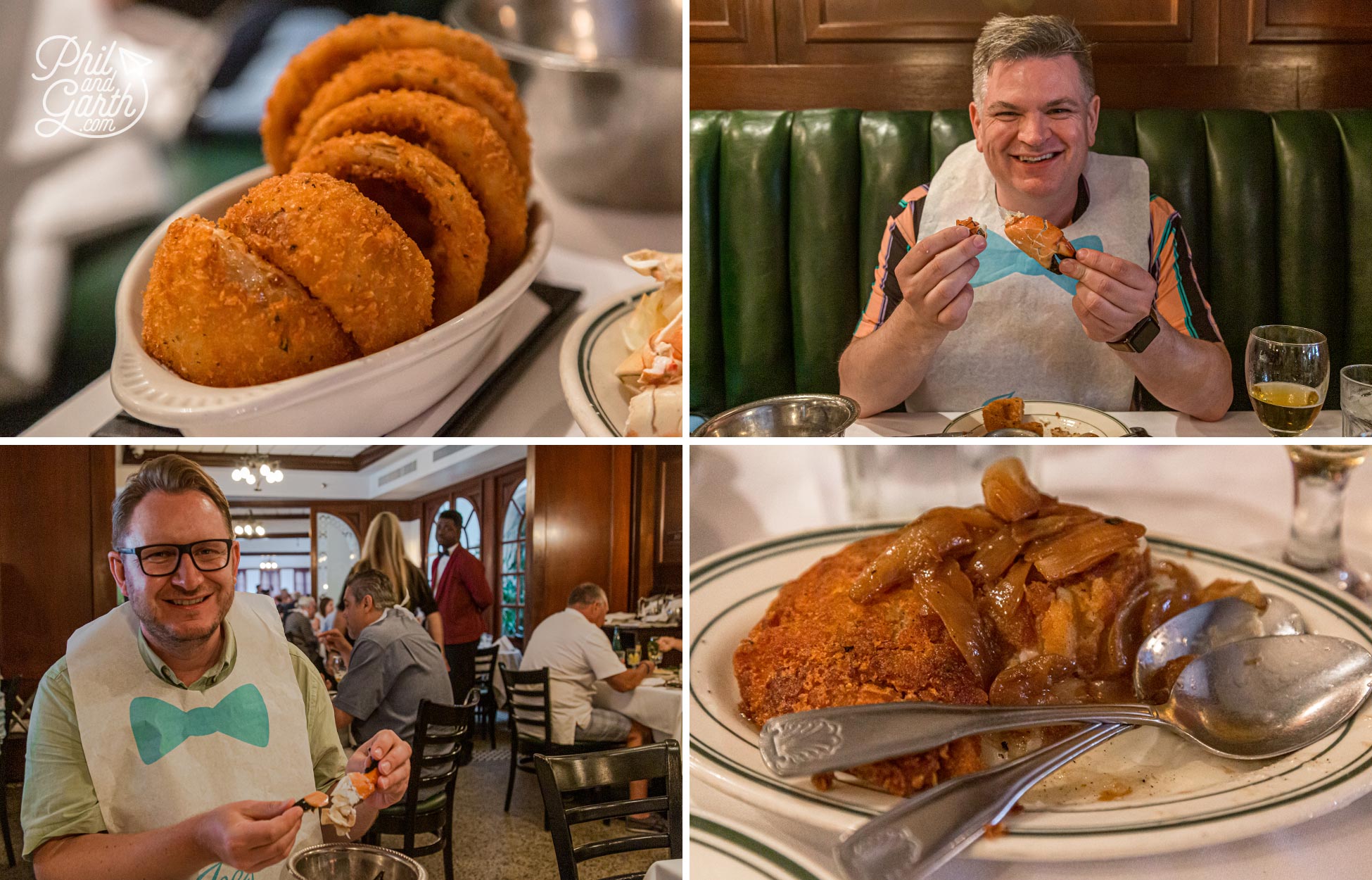 Tucking into our corned beef hash, onion rings and stone crabs