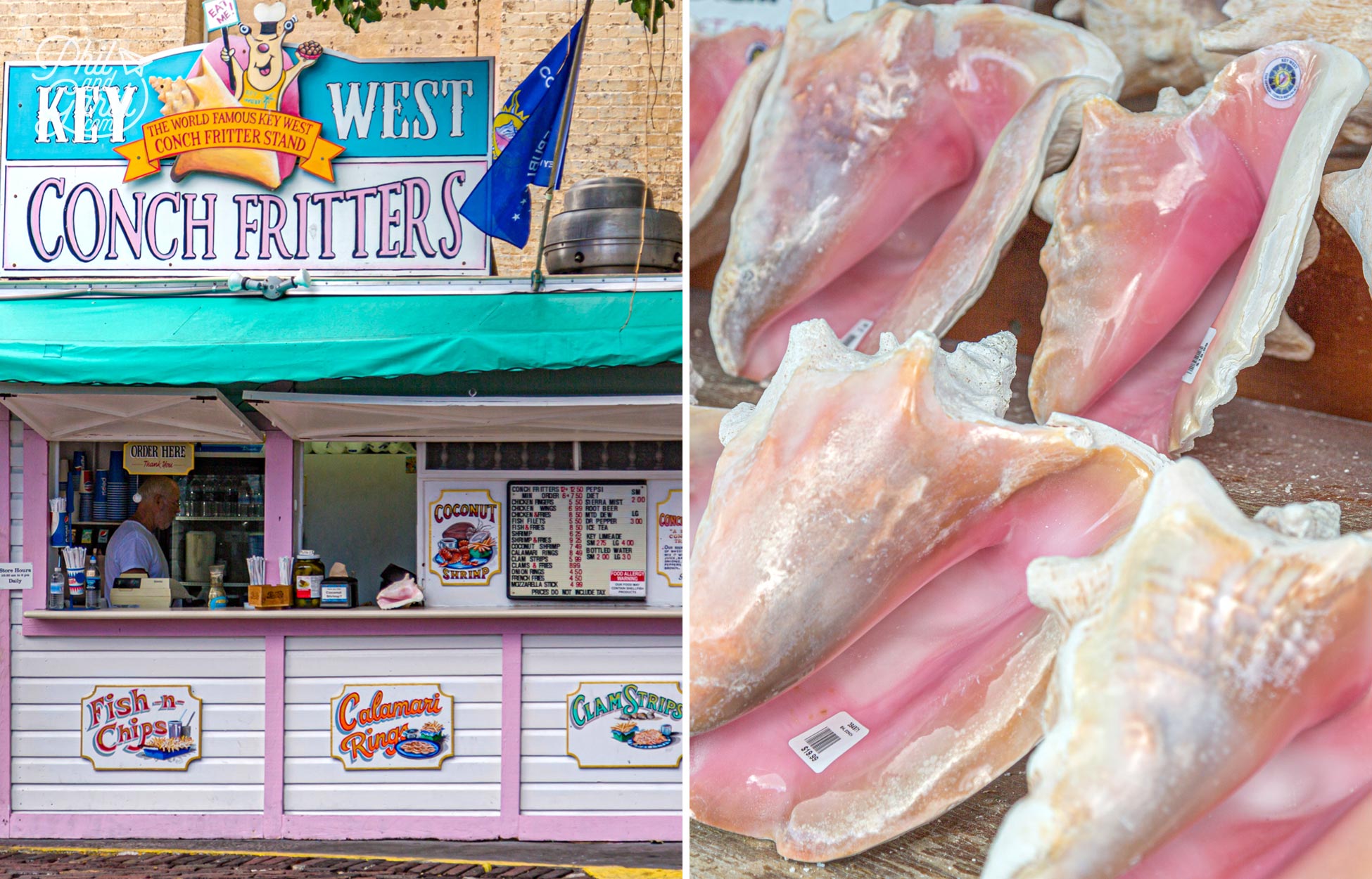 A conch fritters stand on Mallory Square and $20 conch shells for sale