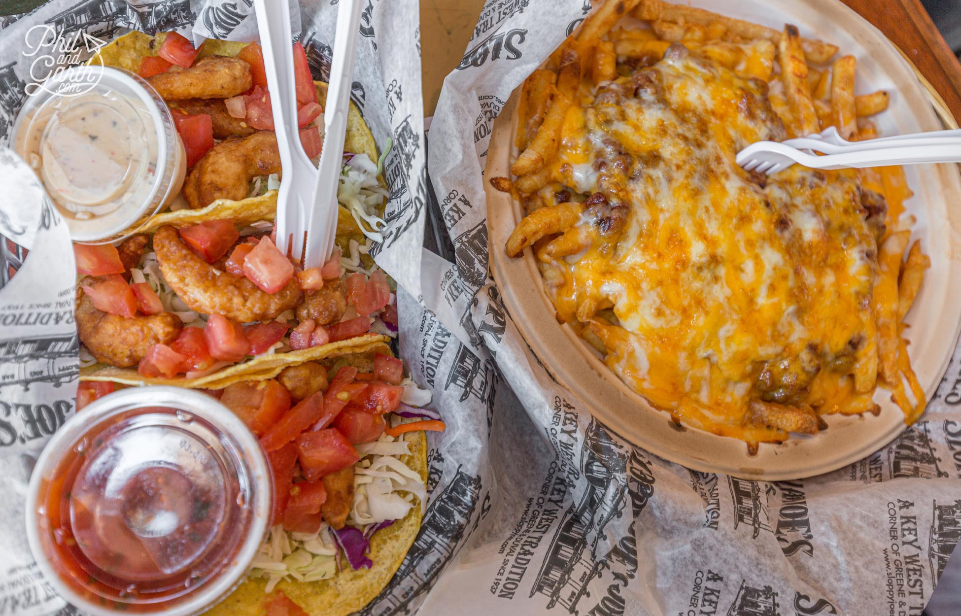 Fried Shrimp Tacos and Sloppy Fries