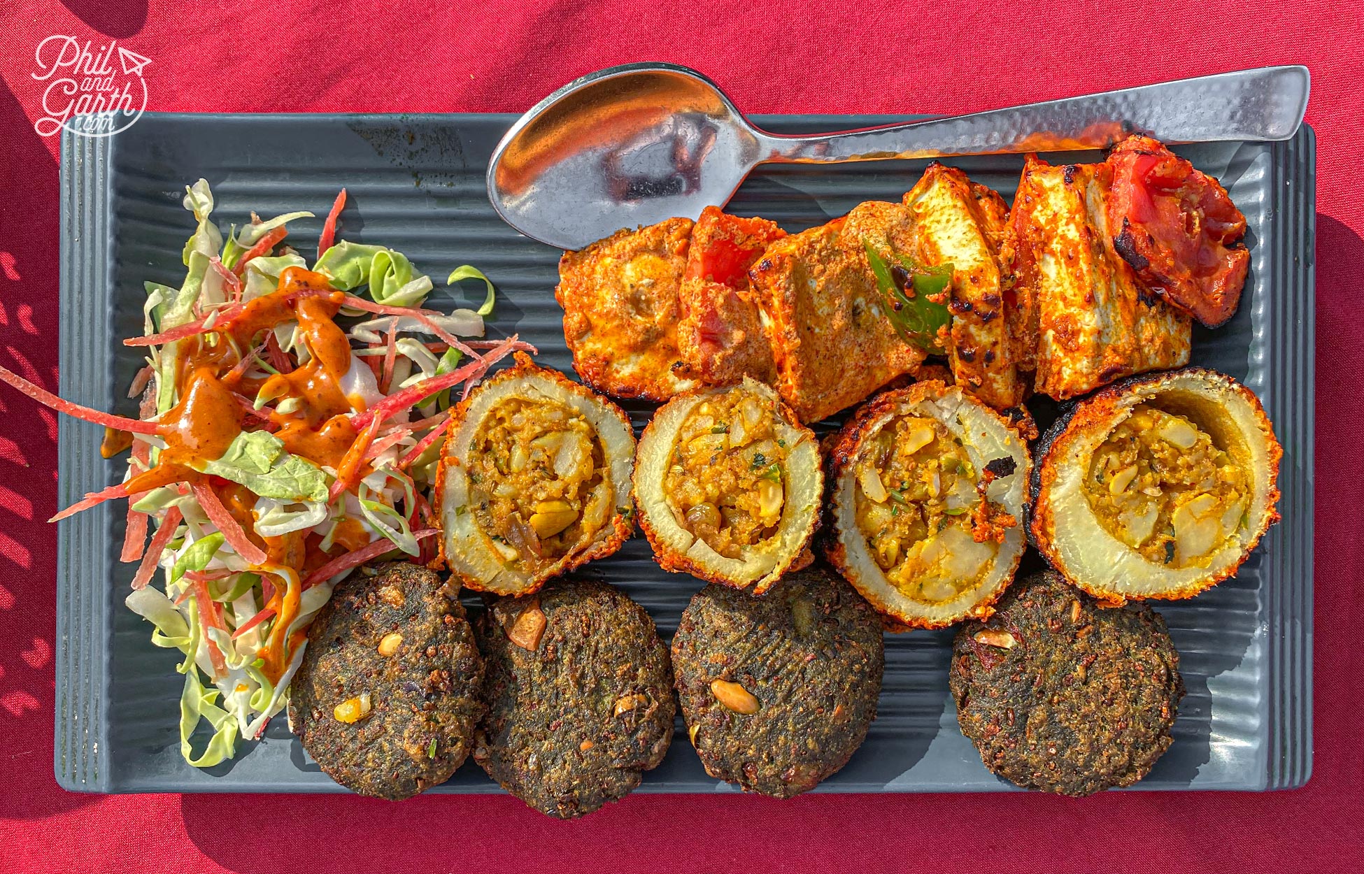 Our triple starter of paneer, stuffed potatoes and spinach paneer fritters