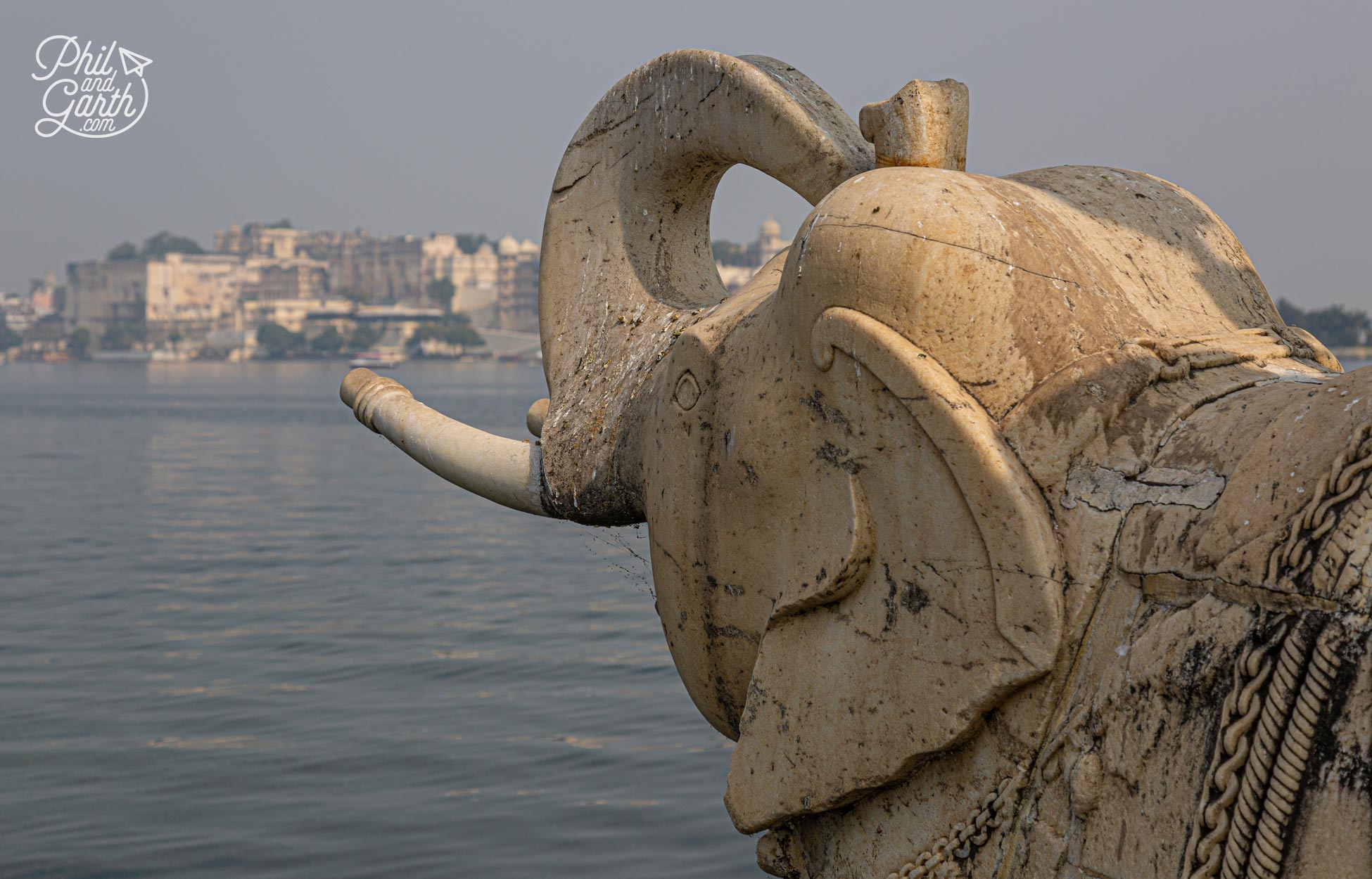 One of the marble elephants looking towards the City Palace from Jagmandir