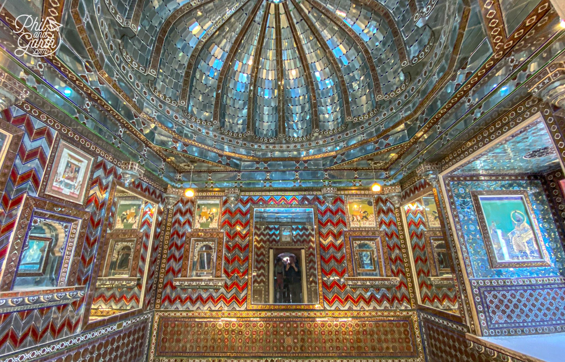 The incredible and opulent Kanch Ki Burj chamber with mosaics of mirror, red and silver glass