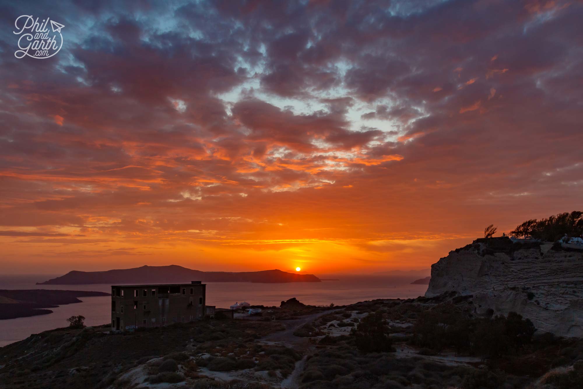 A spectacular sunset, free of crowds from outside the Orama Hotel Santorini