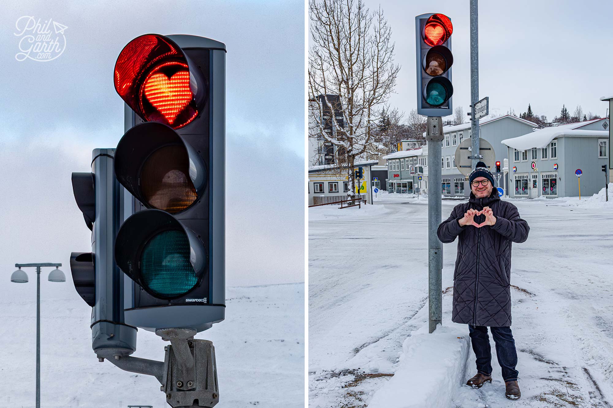 Garth with Akureyri's love heart shaped red traffic lights