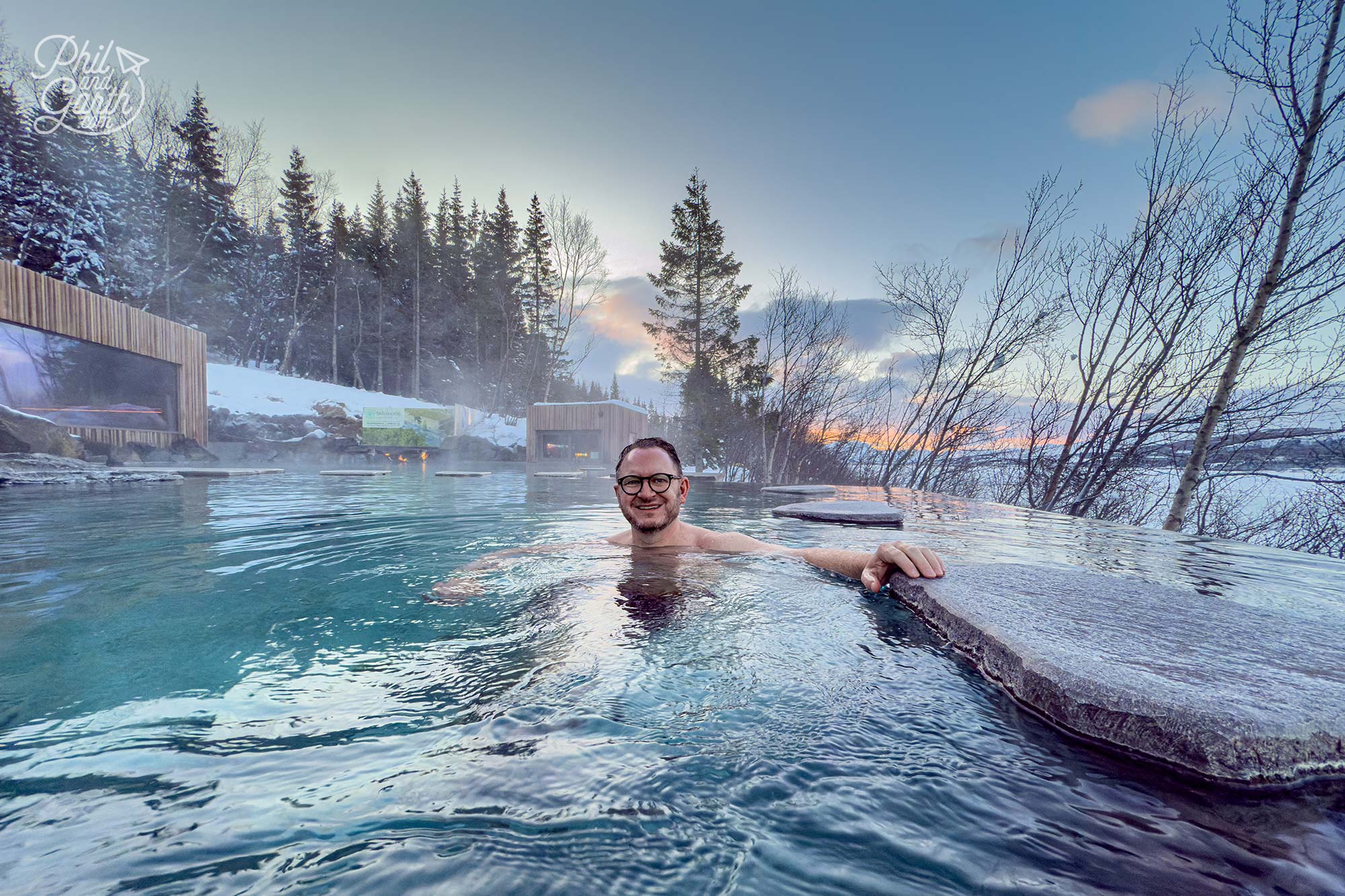 Garth relaxing in Forest Lagoon Spa enjoying the warm, mineral-rich waters surrounded by snowy trees