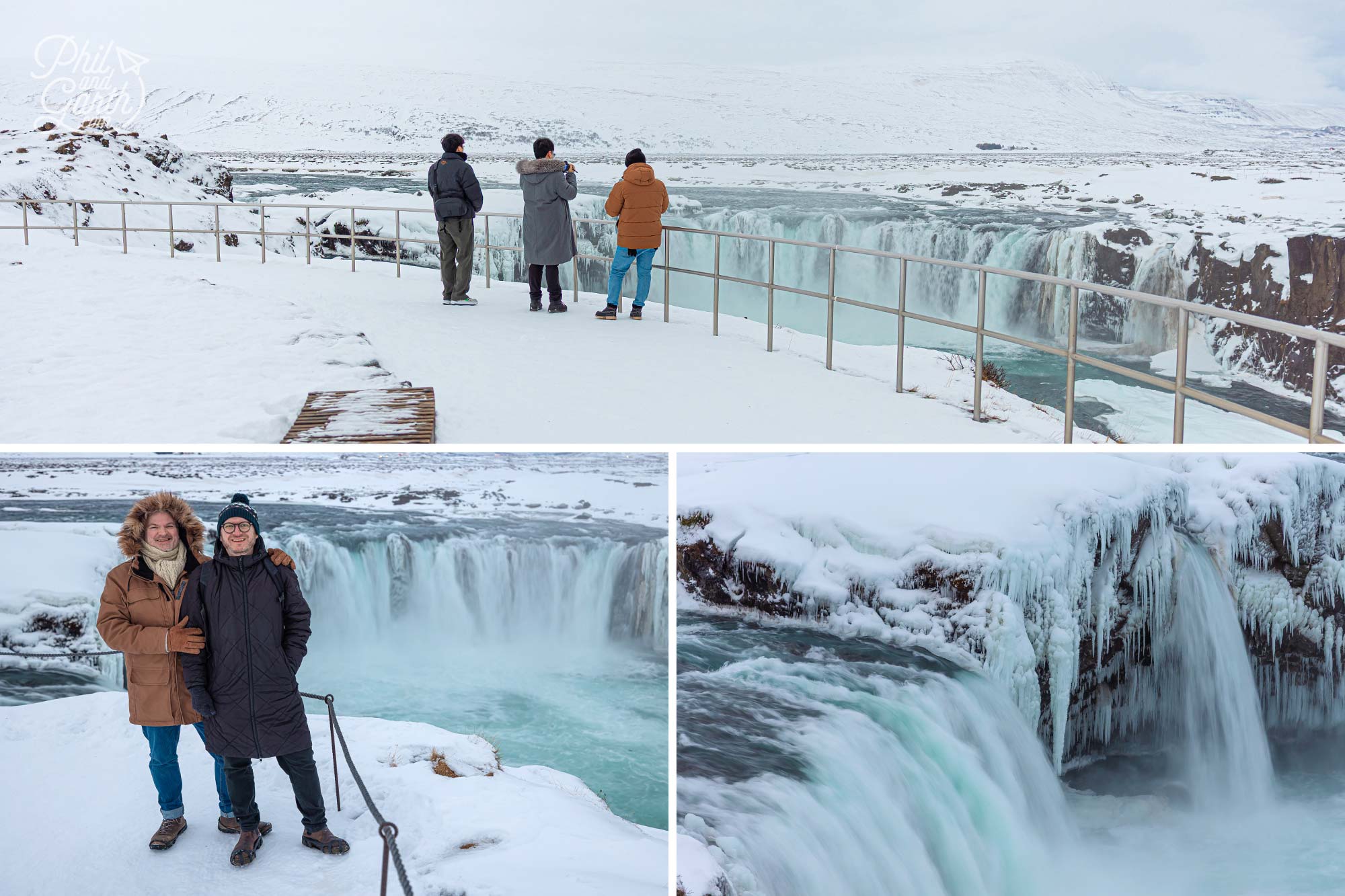 Goðafoss waterfall with frozen edges in winter