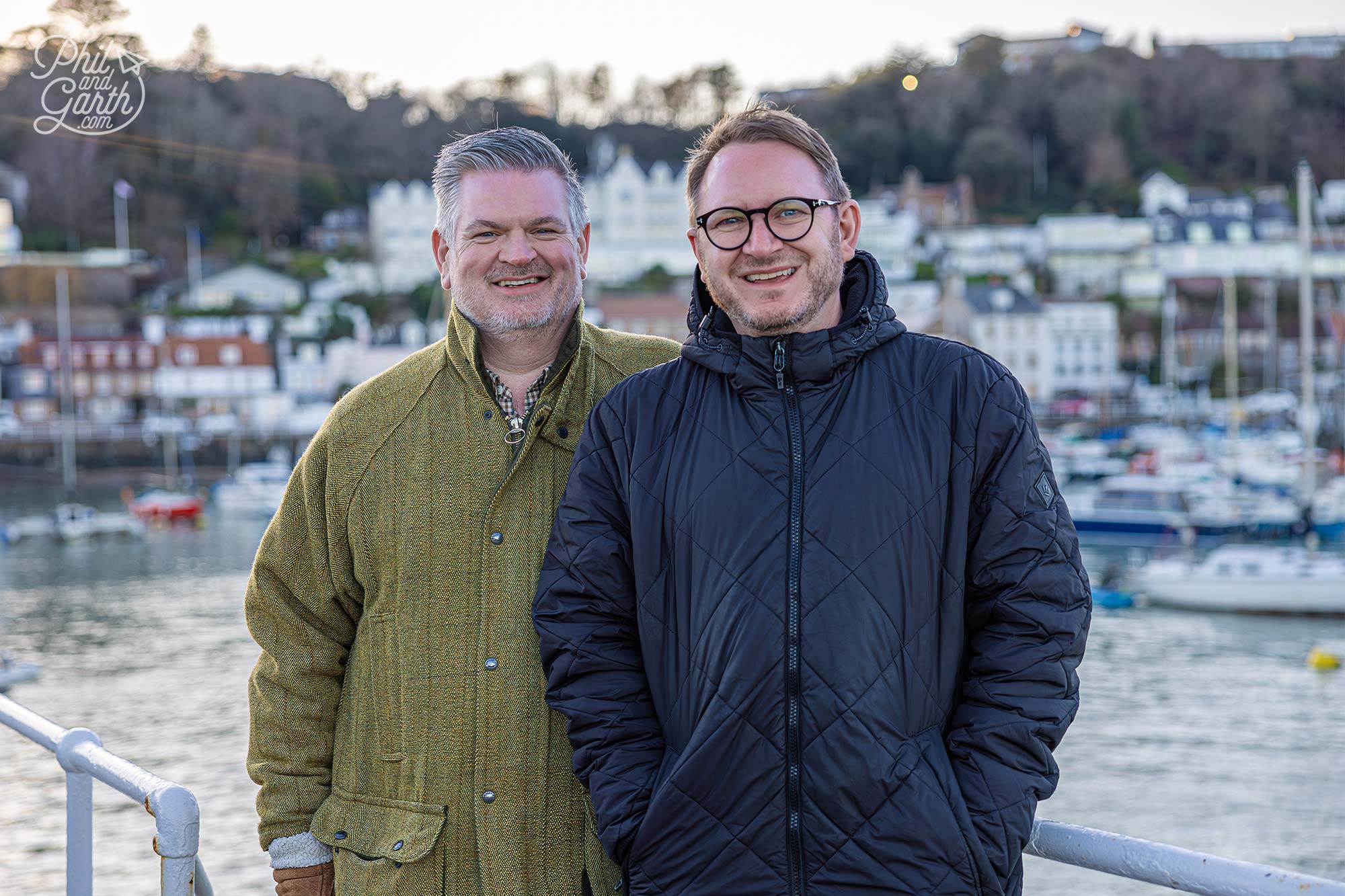 Phil and Garth at the charming harbour at St Aubin, Jersey