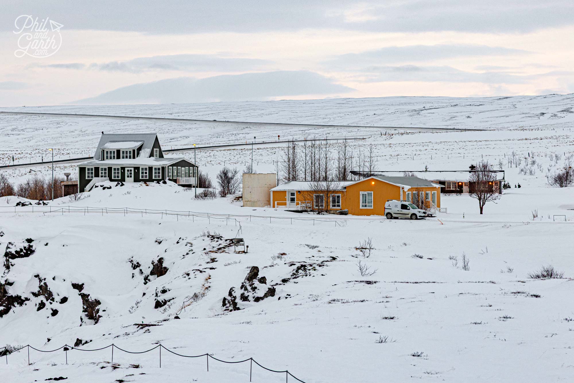 Some homes next to Goðafoss waterfall